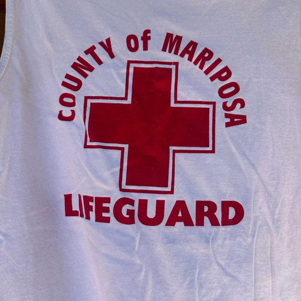 Vintage Jerzees County Of Mariposa Lifeguard Muscle Tank Top White/Red 100% Cott - Picture 3 of 10